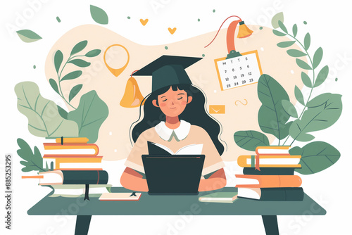 Depict a diligent student at a study desk with books, a laptop, and a planner. Highlight a page in the planner where the student has written out their SMART goals for the semester. 