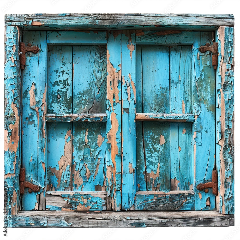 Naklejka premium old rusty wooden colorful window frame isolated on white background. Ai generative