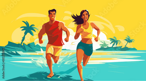 リゾートビーチと女性と男性アスリートのシルエット