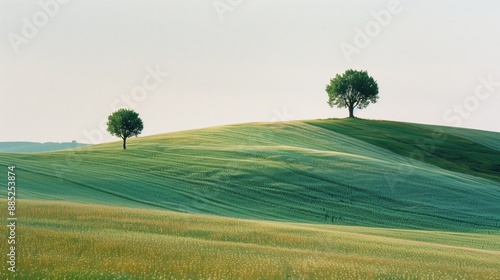 minimalist landscape with green and white alternating fields featuring two lone trees