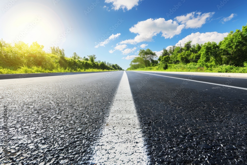 Fototapeta premium Sunny day on an empty highway surrounded by greenery