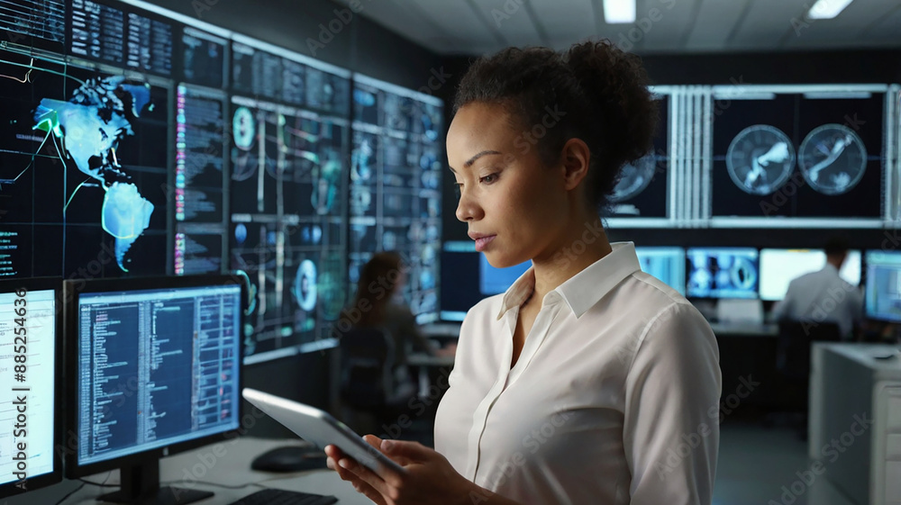 Young Multiethnic Female Government Employee Using Tablet Computer in System Control Monitoring Center. Young Multiethnic Female Government Employee Using Tablet Computer in System Control Monitoring Center.
