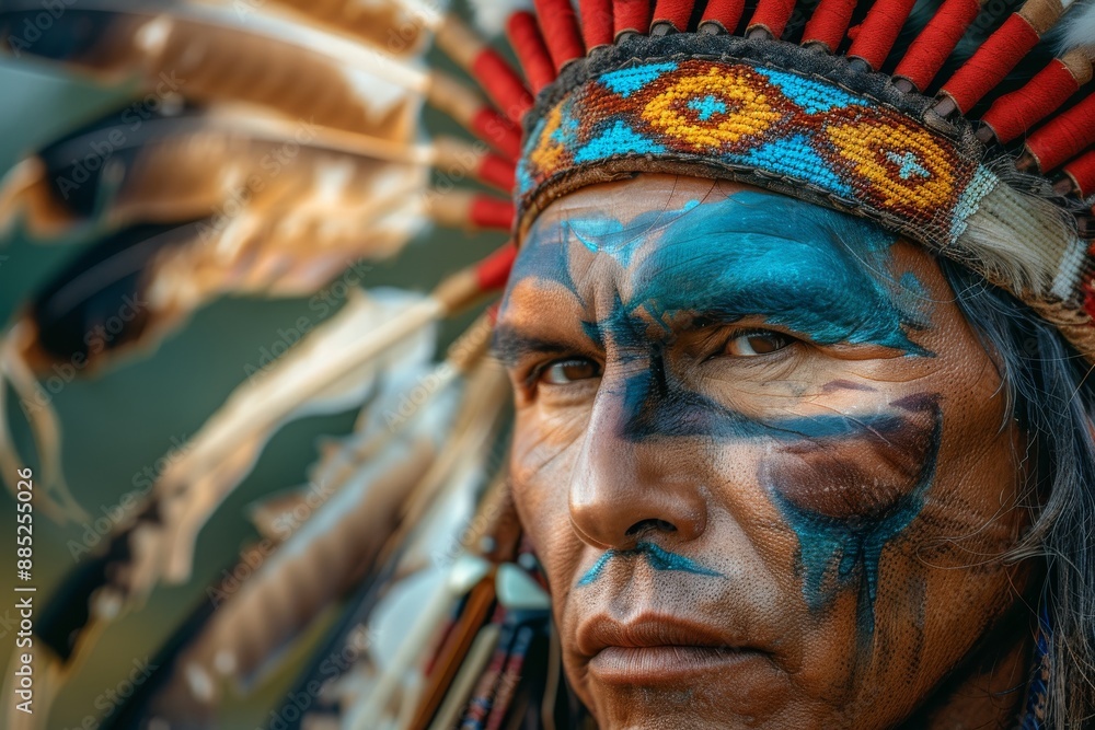 Americans Indian Man Native Portrait, American Indian Man from Tribe with Painted Face Stern Look Americans Indian Man Native Portrait, American Indian Man from Tribe with Painted Face Stern Look