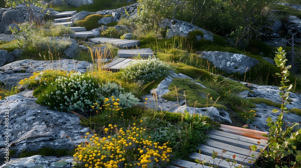 Naklejka premium A garden on a rock with plants that