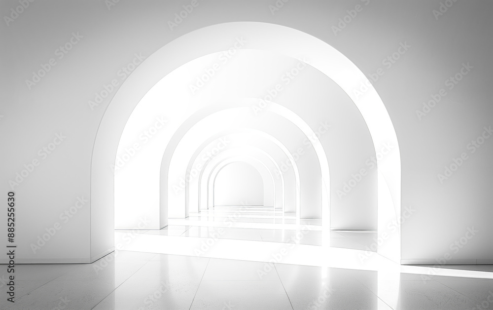 Fototapeta premium A series of white arches create a bright, minimalist space with a diminishing perspective.