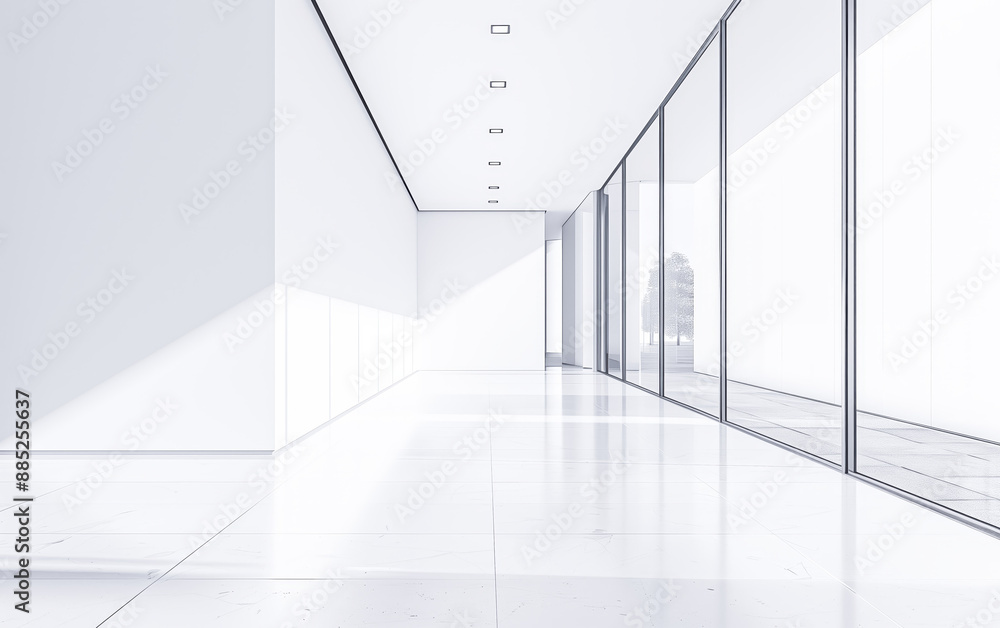 A brightly lit, modern hallway features floor-to-ceiling windows offering a view of trees, sleek white walls, and a minimalist aesthetic. A brightly lit, modern hallway features floor-to-ceiling windows offering a view of trees, sleek white walls, and a minimalist aesthetic.