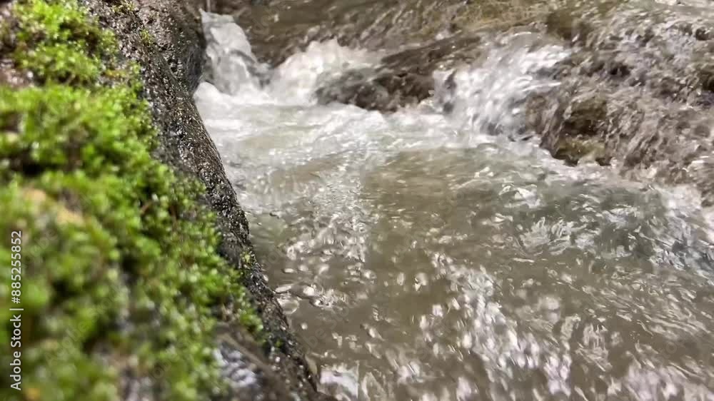 Clear water flows from the mountains to form small waterfalls between the rocks Clear water flows from the mountains to form small waterfalls between the rocks