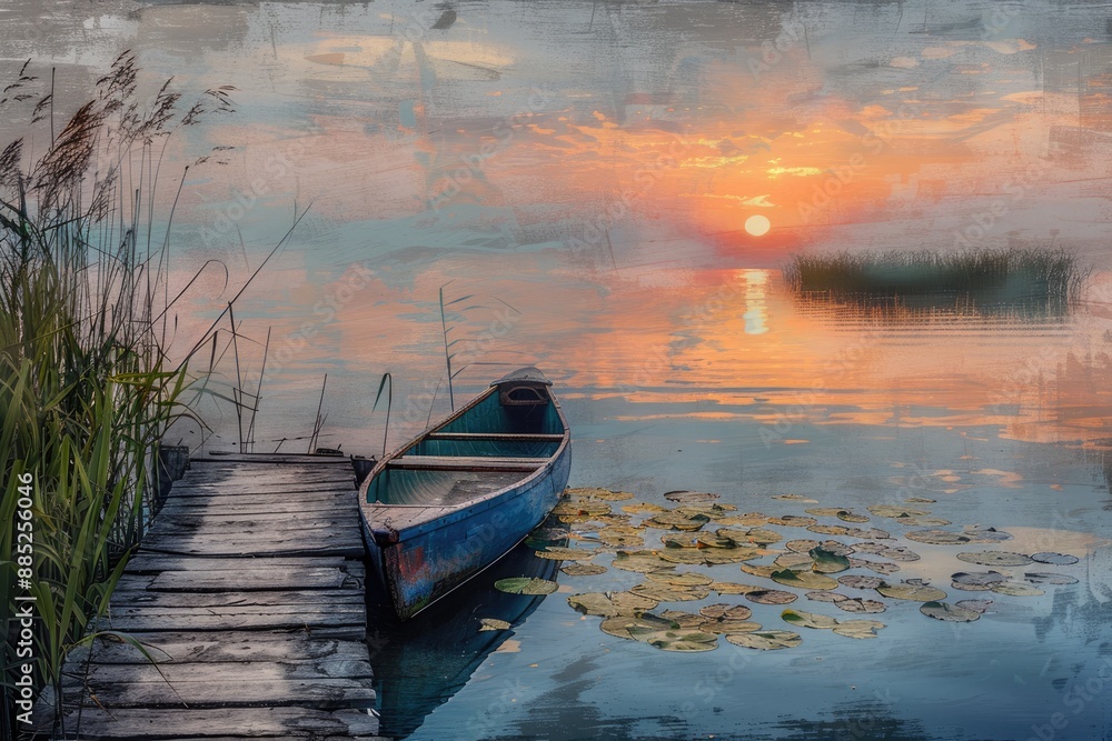 Obraz premium A Peaceful Sunset Over a Tranquil Lake