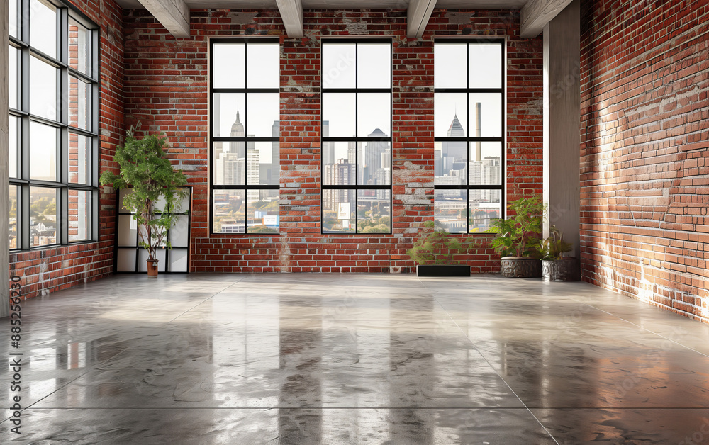 An empty, industrial loft with exposed brick walls, large windows, and a concrete floor offers panoramic views of the city skyline. An empty, industrial loft with exposed brick walls, large windows, and a concrete floor offers panoramic views of the city skyline.