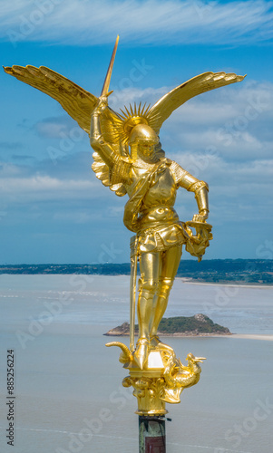 Obraz na płótnie Aerial view of the Statue of Saint Michel and the dragon, Spire of Mont Saint Michel Abbey, Normandy. France w salonie
