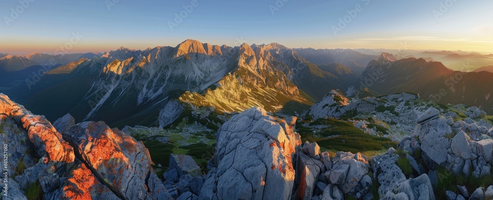 Fototapeta premium A Panorama of Majestic Mountains at Sunset