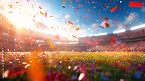 Vibrant stadium scene with confetti falling on a sunlit field, suggesting celebration or victory in a sports event. photo