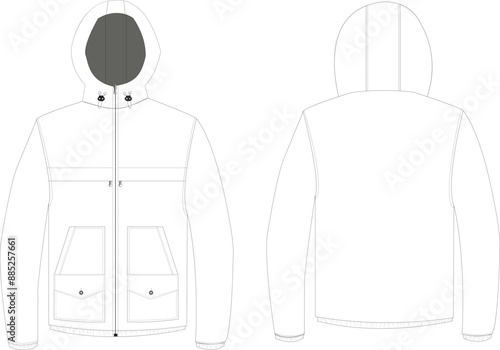 This technical drawing presents a detailed illustration of a men's outdoor jacket with a hoodie and stylish design. Precise lines depict construction features and standout design elements.