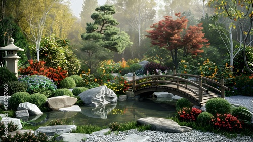 Garden with a japanese pond and bridge