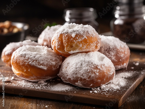 Glazed Doughnuts with Powdered Sugar on Wooden Surface