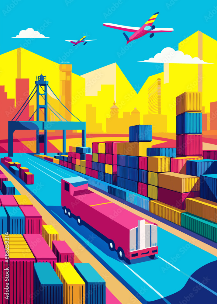 Transport container for cargo transportation background, shipping container yard, industrial port storage freight global.