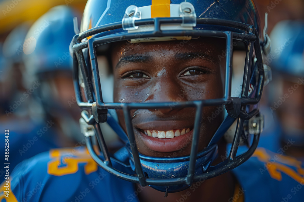 Excited football player smiles in helmet Excited football player smiles in helmet