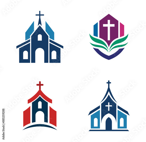 Church building icons, flat Christian logo. Vector cartoon illustration of religion.