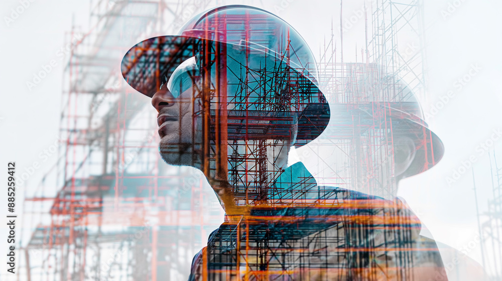 Double exposure of a construction engineer thought and a city skyline with building infrastructure.
Double exposure of a construction engineer thought and a city skyline with building infrastructure.