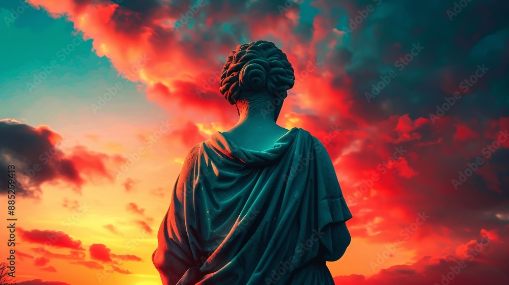 Fototapeta premium Statue silhouette against a dramatic sunset sky.