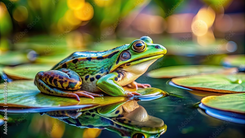 Close-up of a colorful frog sitting on a lily pad in a pond, frog, amphibian, wildlife, nature, colorful, lily pad, pond, water Close-up of a colorful frog sitting on a lily pad in a pond, frog, amphibian, wildlife, nature, colorful, lily pad, pond, water