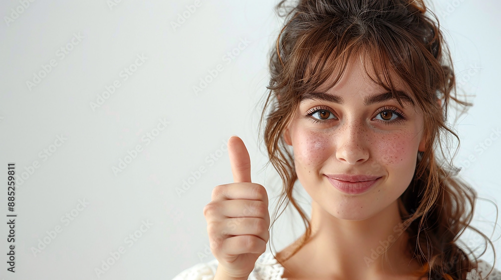Advertising banner image with a woman showing thumb up in white background and blank side pace for texts Advertising banner image with a woman showing thumb up in white background and blank side pace for texts