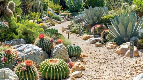 Succulent garden with a variety of rare cacti photo