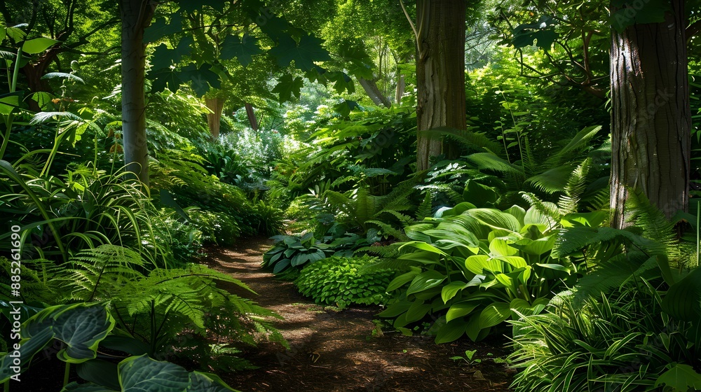 Fototapeta premium Shady garden with plants that prefer to grow picture