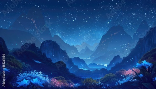 Mystical anime mountains with glowing plants and a starry night sky, Anime style, Fantasy flora panorama