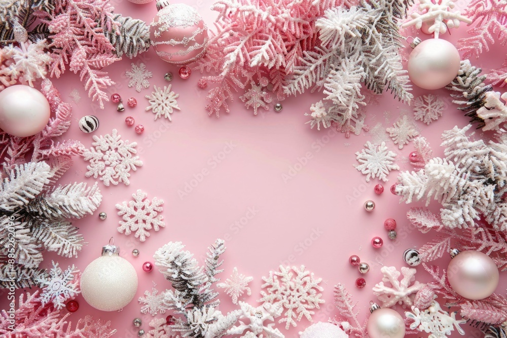 Pink And White Christmas. Christmas Decorations in Pink and White Flat Lay Background Pink And White Christmas. Christmas Decorations in Pink and White Flat Lay Background
