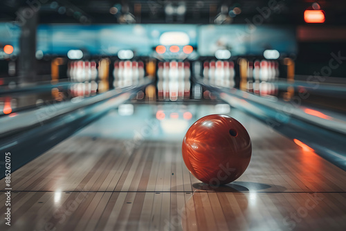 bowling ball and pins with arcade background
