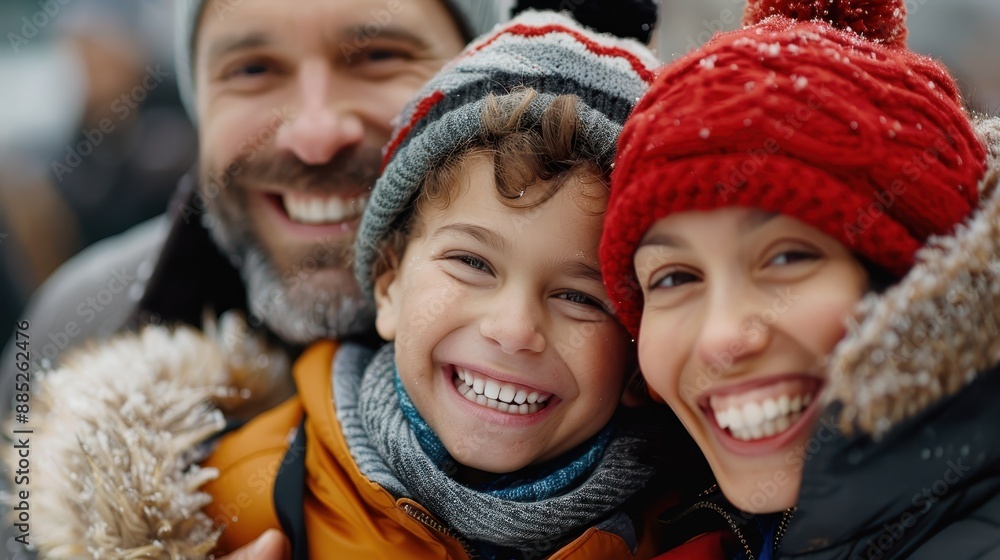 A cheerful family dressed in winter clothing, smiles brightly with snowflakes gently falling around them. The scene evokes warmth and joy amidst the cold weather. A cheerful family dressed in winter clothing, smiles brightly with snowflakes gently falling around them. The scene evokes warmth and joy amidst the cold weather.