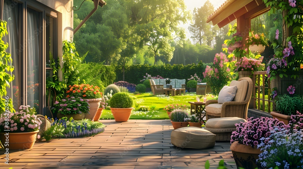 Fototapeta premium A terrace with decorative flowerpots and comfortable chairs image