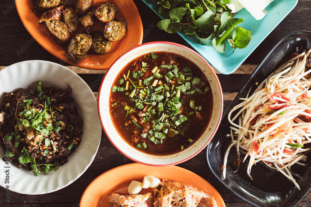 Ταπετσαρία Local Northern Thai food, Tradition food, Table top view