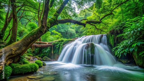 Water cascading down surrounded by vibrant green foliage next to a large fallen tree, waterfall, nature, lush