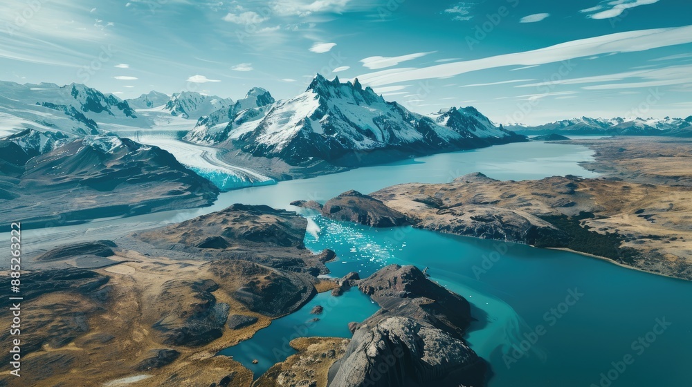 A drone shot of the rugged landscapes of Patagonia, with glaciers, mountains, and turquoise lakes A drone shot of the rugged landscapes of Patagonia, with glaciers, mountains, and turquoise lakes