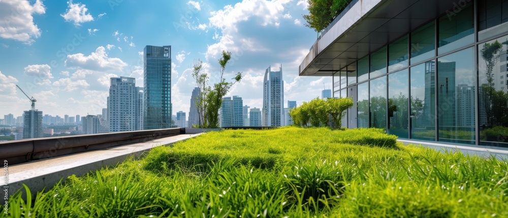 Naklejka premium A green rooftop garden on a modern building, with the city skyline in the background and space for text