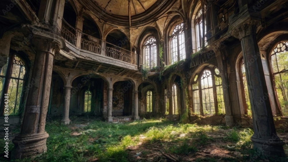 Fototapeta premium Magnificent abandoned medieval mansion as if from a fairy tale. AI generation.