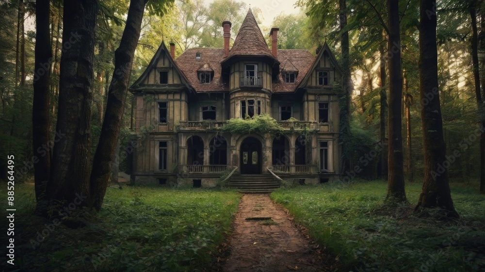 Magnificent abandoned medieval mansion as if from a fairy tale. AI generation. Magnificent abandoned medieval mansion as if from a fairy tale. AI generation.
