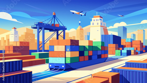 Transport container for cargo transportation background, shipping container yard, industrial port storage freight global.