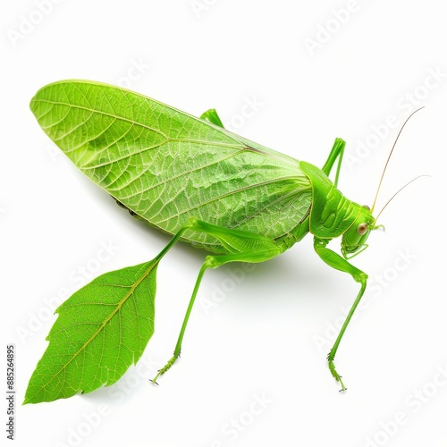 A vibrant green katydid with leaf-like wings and delicate antennae, set against an isolated white background, depicted in a cubist art style © Challinor