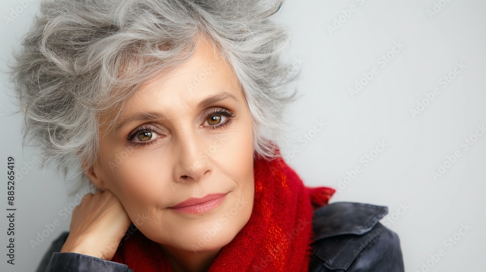 A woman with short gray hair and a red scarf is smiling. She is wearing a black jacket and a red scarf. Beautiful gorgeous 50s mid aged mature woman looking at camera isolated on white. A woman with short gray hair and a red scarf is smiling. She is wearing a black jacket and a red scarf. Beautiful gorgeous 50s mid aged mature woman looking at camera isolated on white.