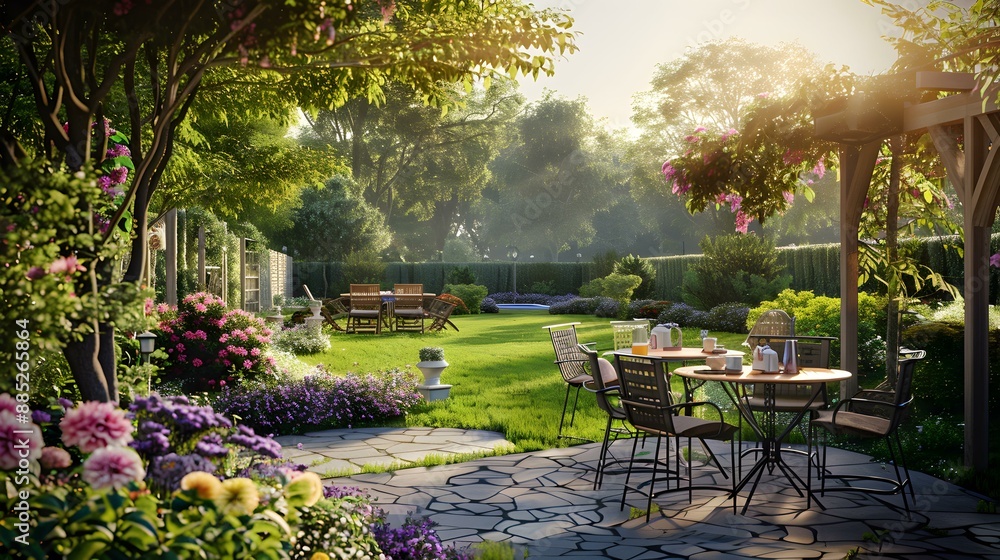 Fototapeta premium Terrace with outdoor tables and comfortable chairs picture