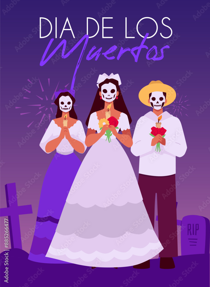 Day of Death with bright vector illustrations with people in the cemetery holding marigold Day of Death with bright vector illustrations with people in the cemetery holding marigold