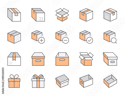 Box line icon set. Carton, cardboard boxes, product package, gift, parcel minimal vector illustrations. Simple outline signs for delivery service application. Blue color, Editable Strokes