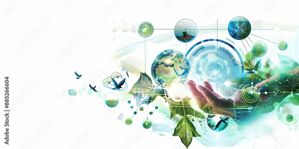Fototapeta premium Sustainable Syntax: Futuristic Eco-Friendly AI Design with Green Elements and Tech Symbols