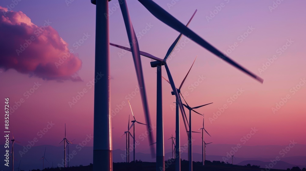 Fototapeta premium A row of wind turbines at sunset, with a gradient sky providing copy space