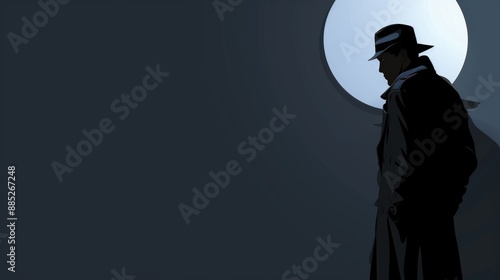 Mysterious detective silhouette against a full moon background
