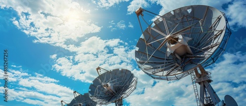 A satellite ground station with large satellite dishes pointing skyward, forming the backbone of the network infrastructure