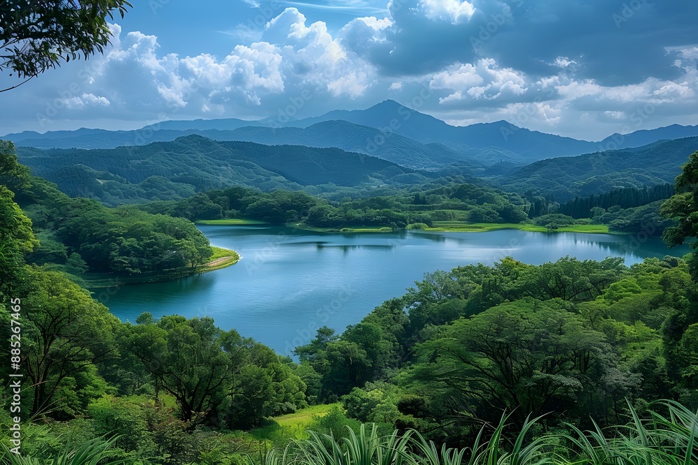 Emotional and beautiful wallpaper scenery of a wide lake in deep and lush mountains Emotional and beautiful wallpaper scenery of a wide lake in deep and lush mountains